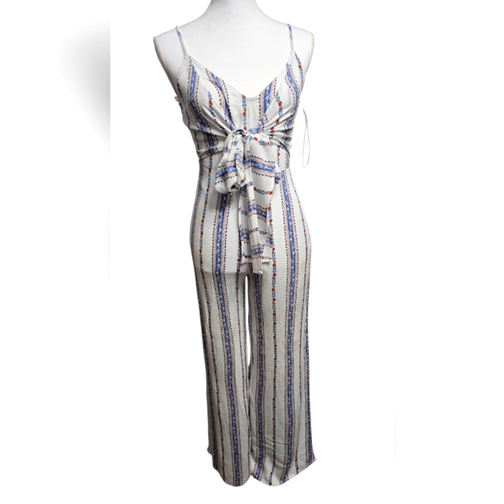 Sage Blue and White Striped Jumpsuit